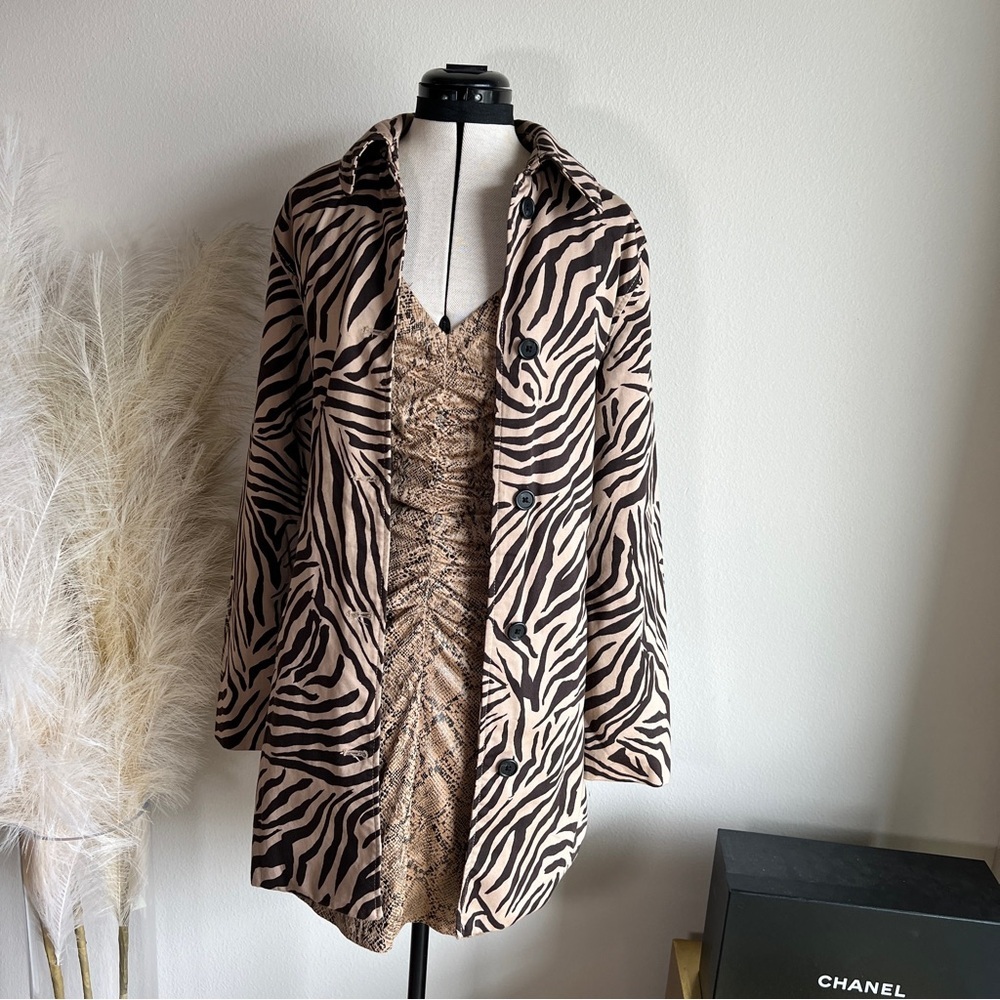 Vintage Chaps Black Tan Animal Zebra Print Trench Coat - Picture 7 of 14